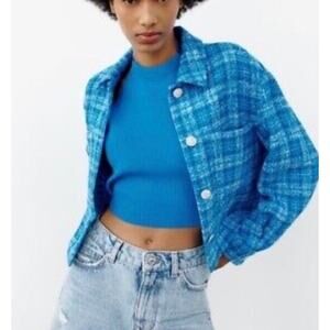 Zara Blue Checkered Tweed Cropped Breasted Blazer Rhinestone Buttons XS Collared